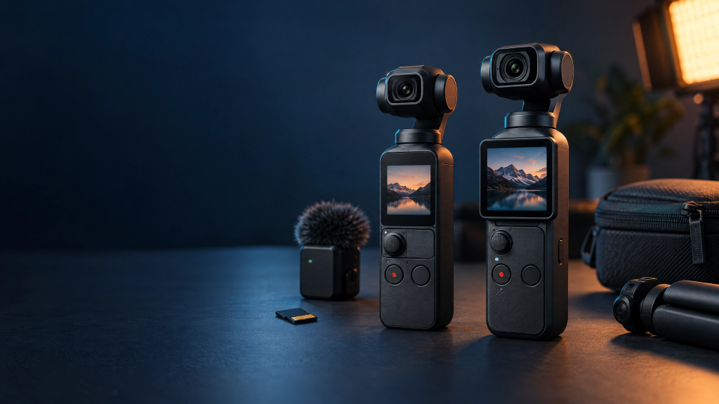 مقایسه دوربین‌های جیبی Osmo Pocket 4 و Pocket 3 برای ولاگ و تولید محتوا به همراه میکروفون بی‌سیم و لوازم جانبی